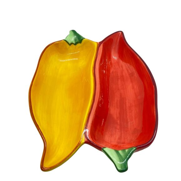 Chili Peppers Chip & Dip Divided Condiment Tray Clay Art Red Yellow Double - Picture 4 of 7